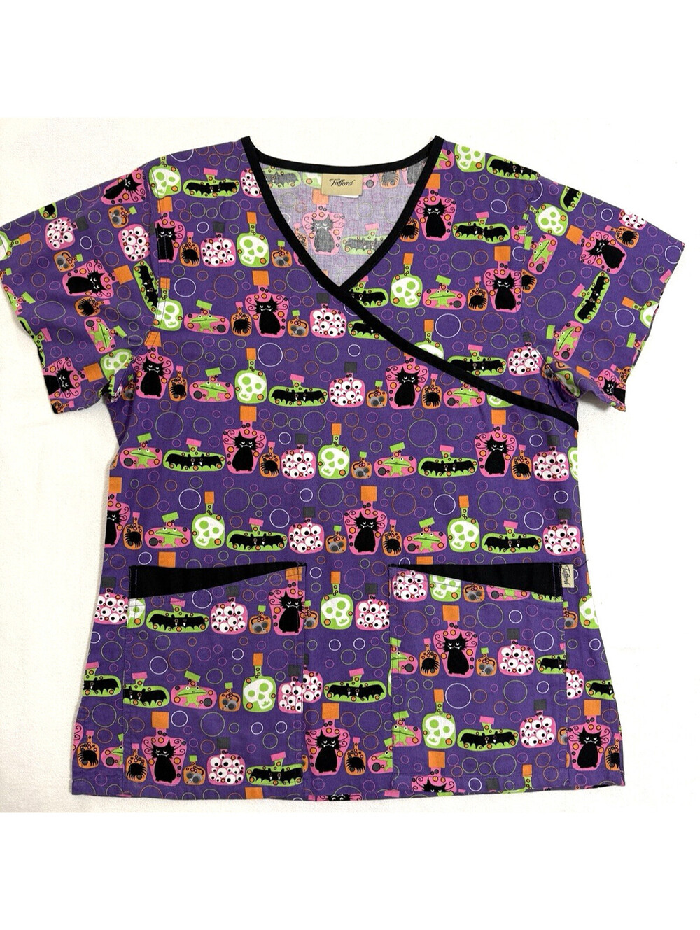 Tafford Womens Halloween Scrub Top Black Cat Skull Bat Mock Wrap Purple Small